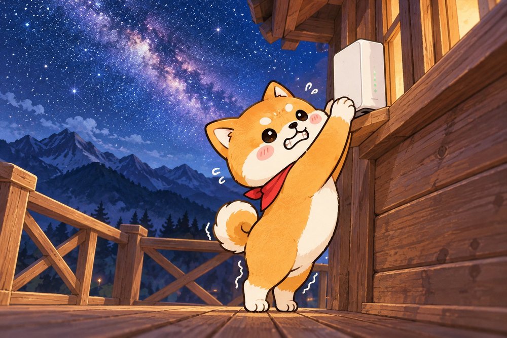 星空の山小屋で白い箱を高く持ち上げる柴犬のナビ助