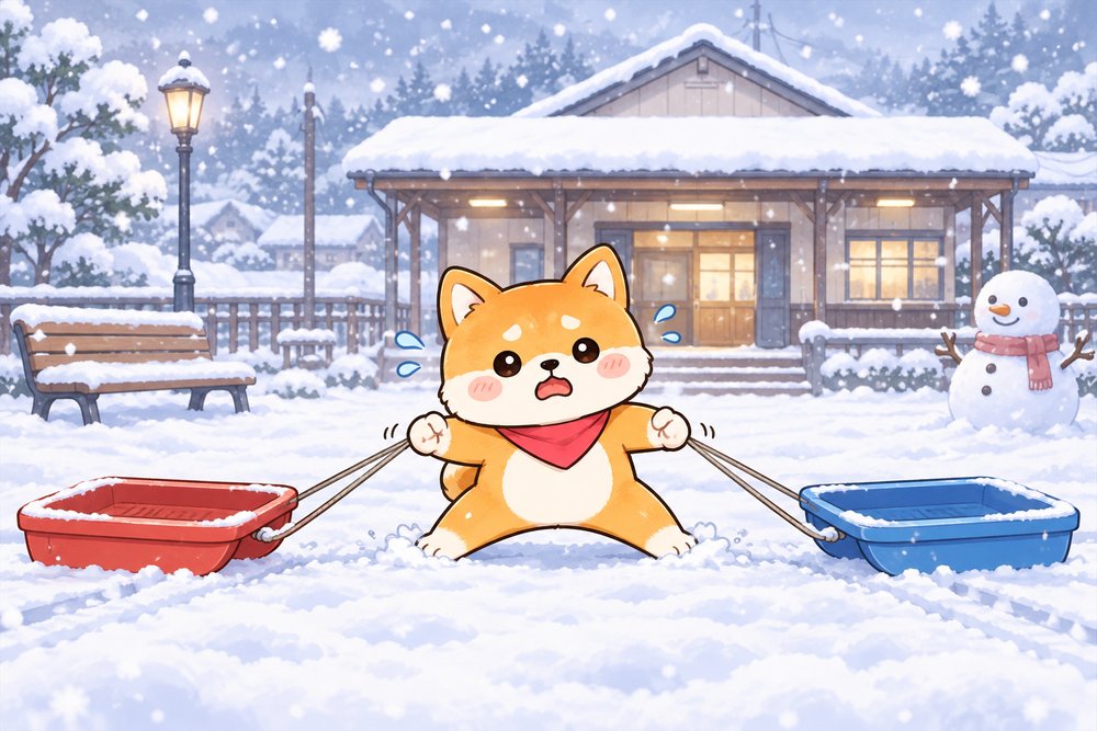雪の広場で2つのそりを引っぱって迷う柴犬のナビ助