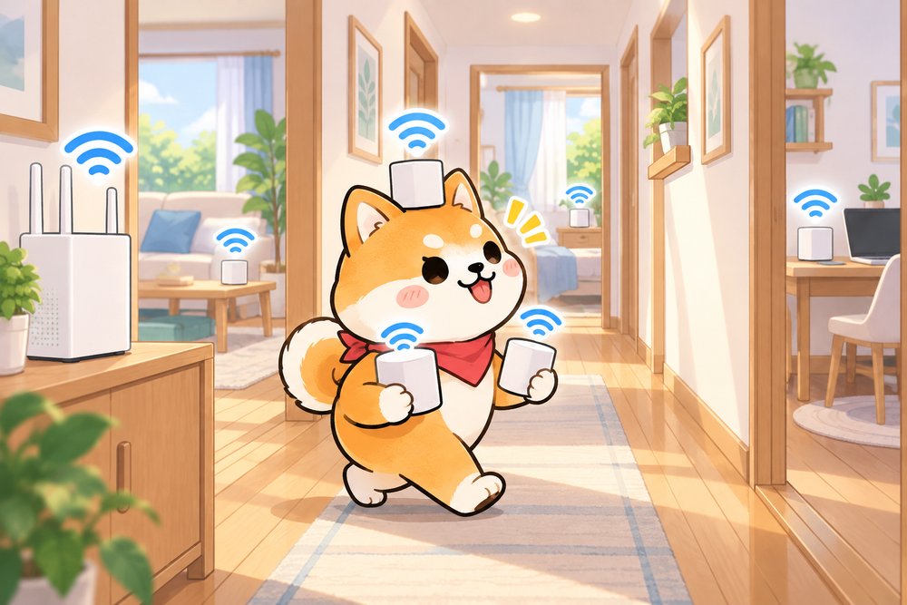 メッシュWi-Fiの中継機を家じゅうに置く柴犬のナビ助