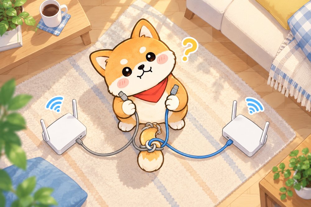 絡まったケーブルを見比べて首をかしげる柴犬のナビ助