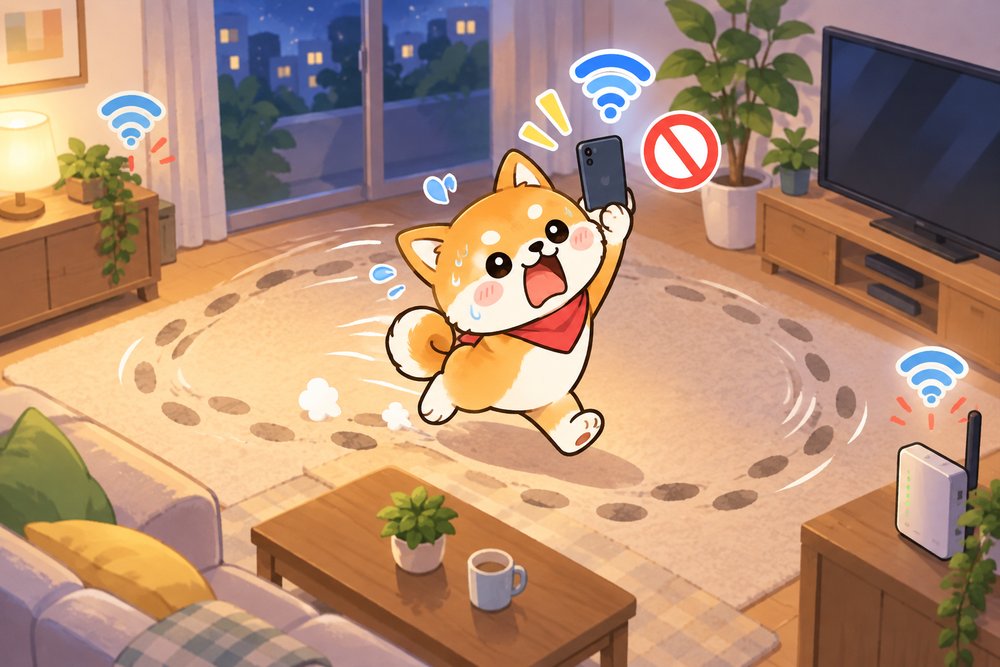 スマホを掲げて部屋中を走り回る柴犬のナビ助