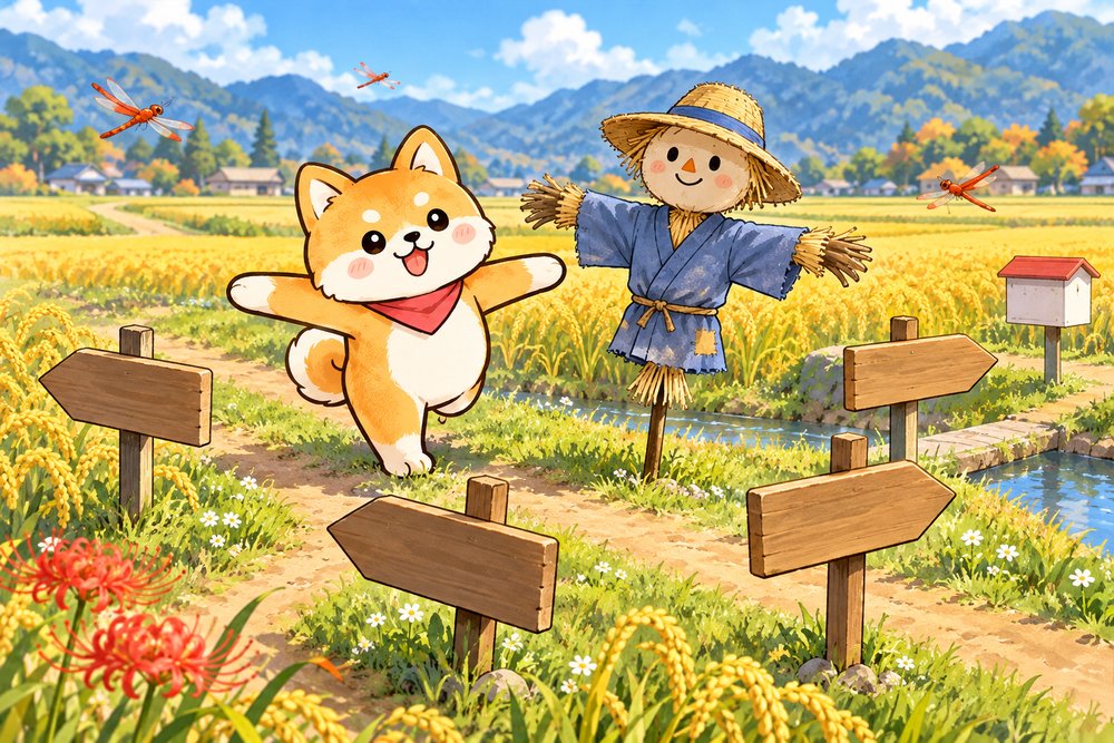 秋の田んぼでかかしと同じポーズをする柴犬のナビ助