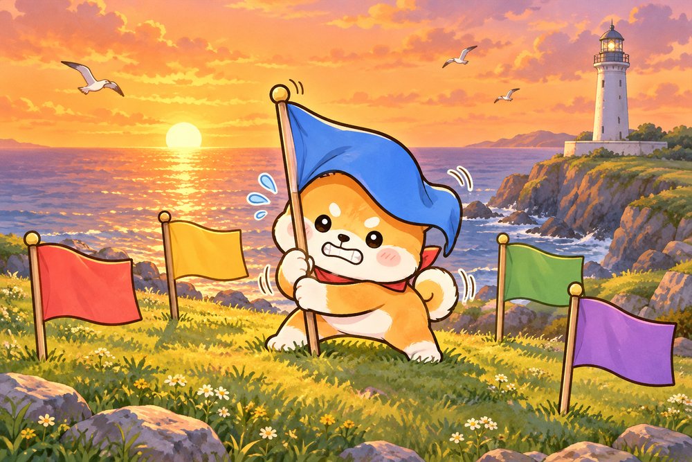 夕焼けの岬で旗を立てようとする柴犬のナビ助