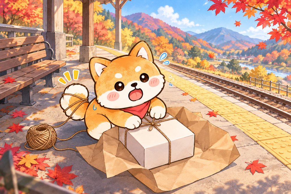 紅葉の駅のベンチで小包の紐を結ぶ柴犬のナビ助