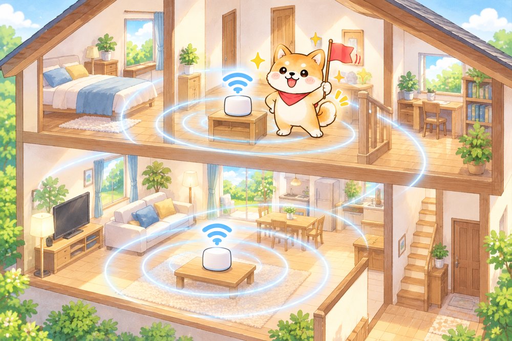 サテライトの置き場所に旗を立てる柴犬のナビ助