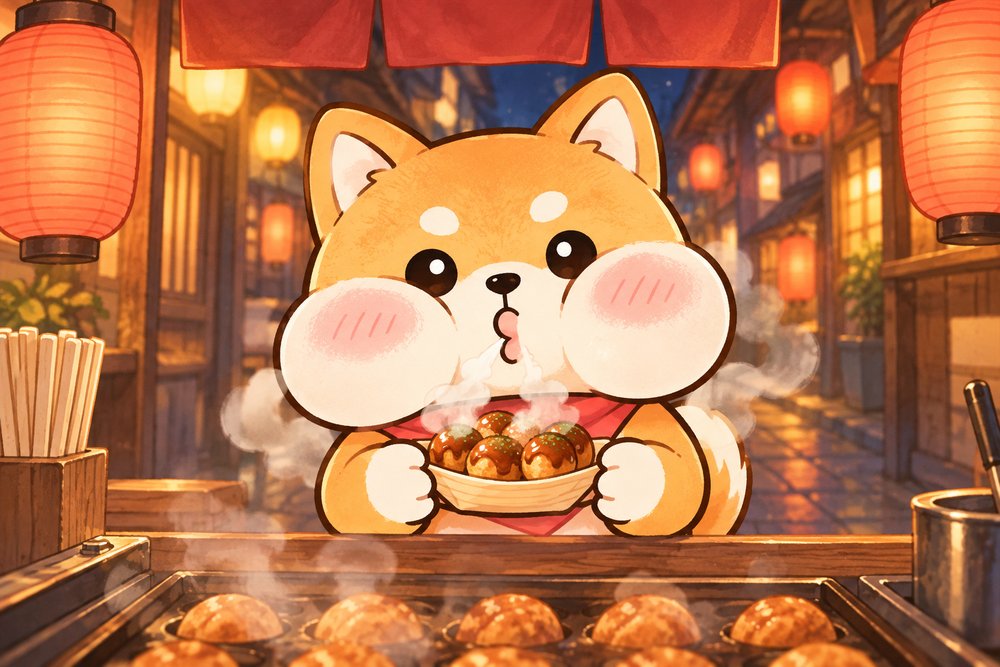夜の屋台でたこ焼きをふーふーする柴犬のナビ助