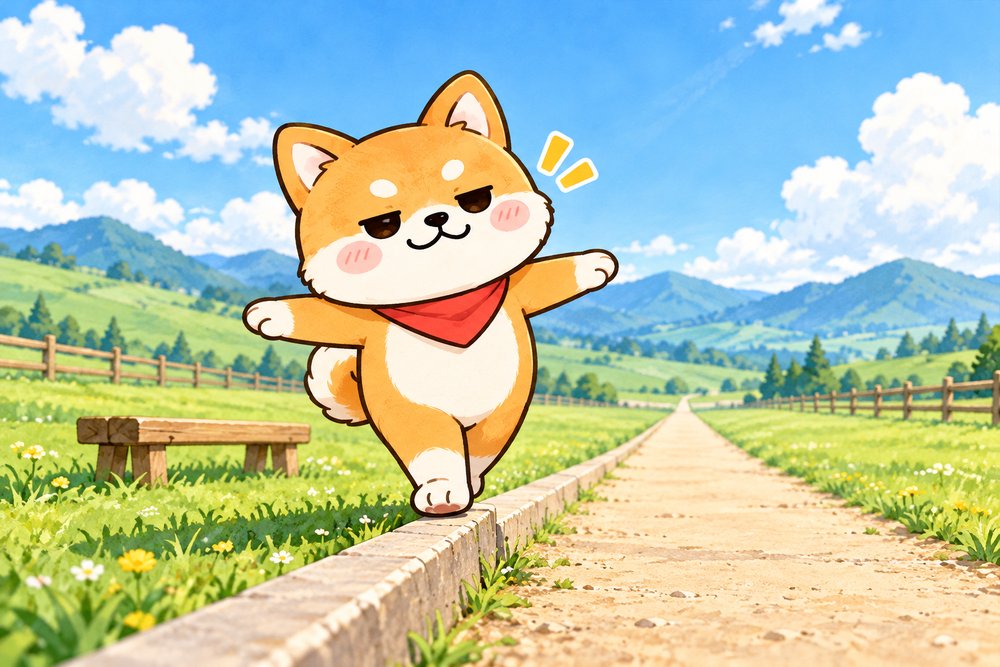 高原の一本道の端で綱渡りのまねをする柴犬のナビ助