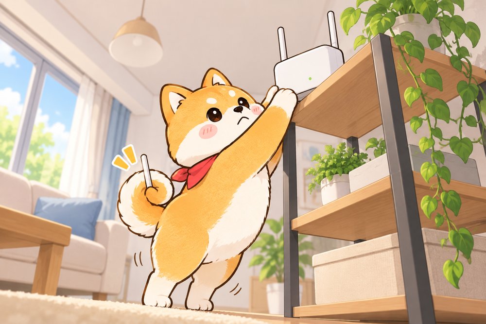 高い棚にWi-Fiルーターを置き直す柴犬のナビ助