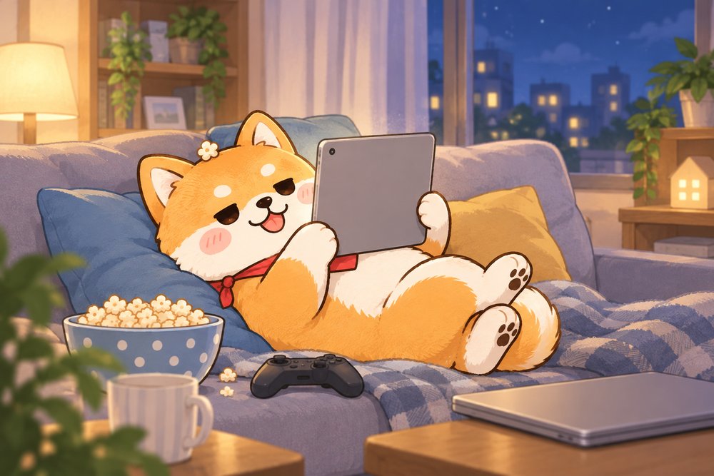 ソファに寝ころんでタブレットで動画を楽しむ柴犬のナビ助