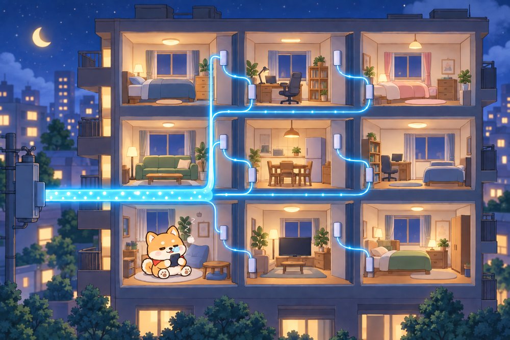 マンションの回線を分け合って遅いWiFiを待つ柴犬のナビ助