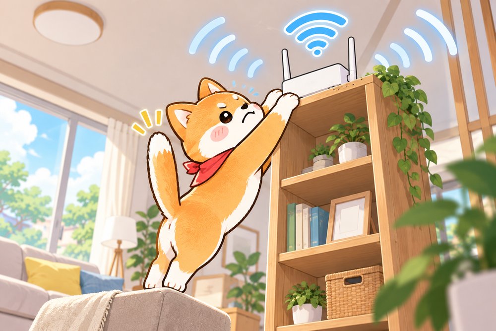 ルーターを高い棚の上に置く柴犬のナビ助
