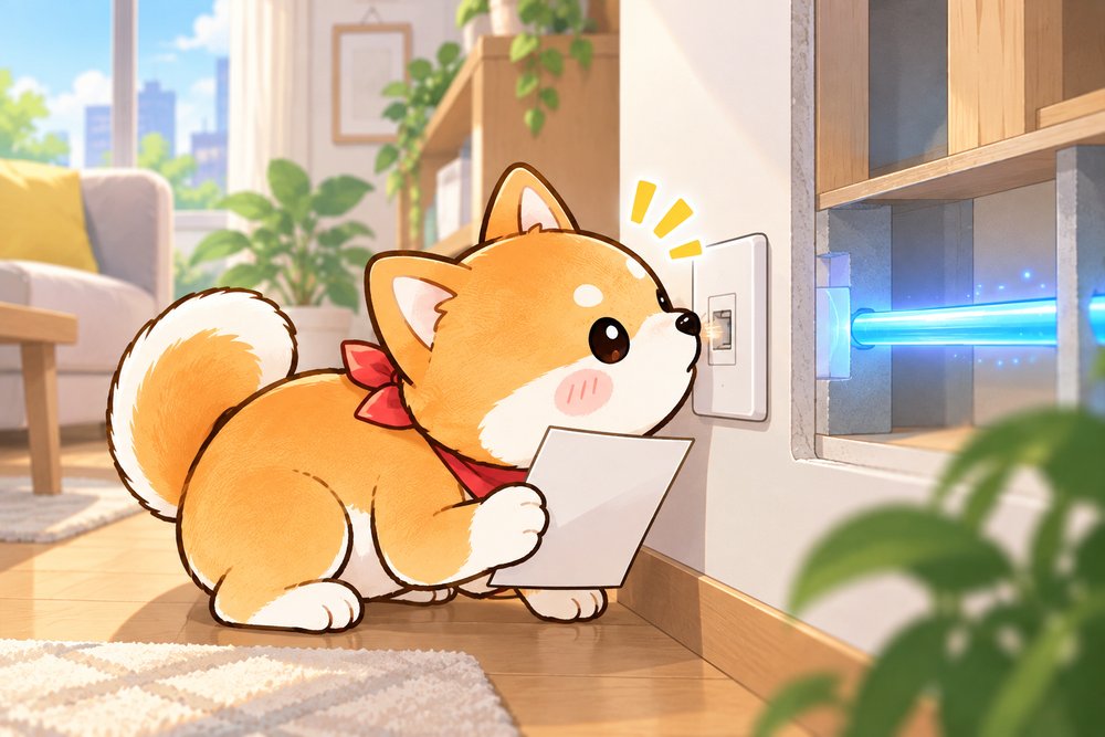 壁の配線口をのぞいて回線を確かめる柴犬のナビ助