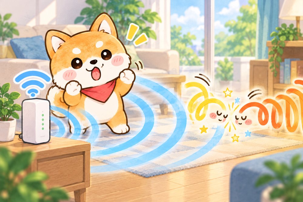 ぶつかる電波におどろく柴犬のナビ助