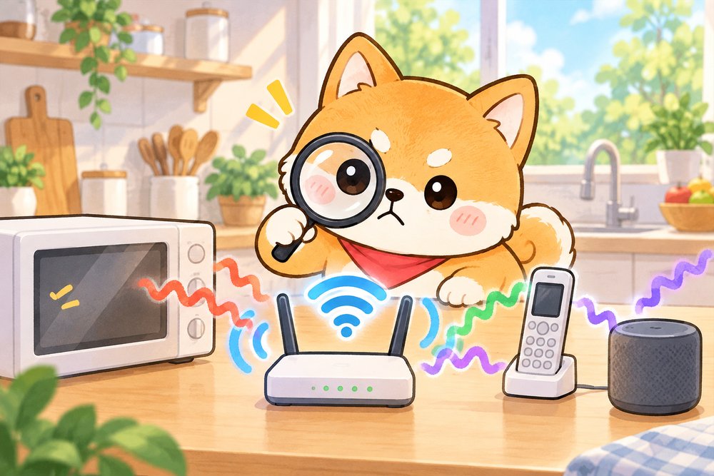 虫めがねで干渉する家電を探す柴犬のナビ助