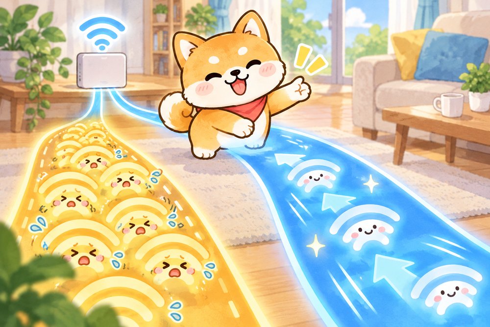 すいた道へ電波を案内して干渉を避ける柴犬のナビ助