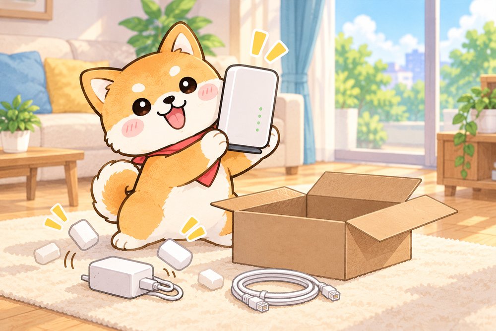 ルーターを箱から出して初期設定の準備をする柴犬のナビ助