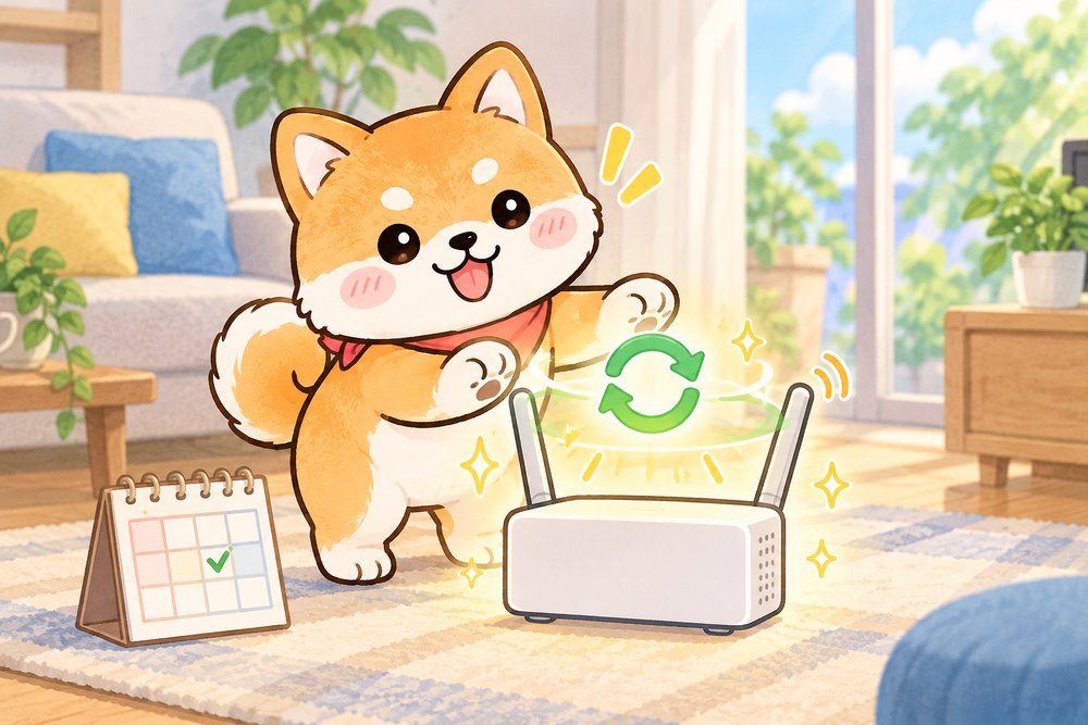 更新の光をまとうルーターを見守る柴犬のナビ助