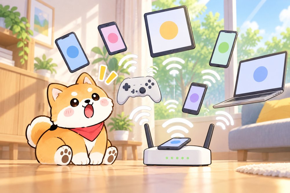 ルーターのまわりに集まった機器を見上げて驚く柴犬のナビ助