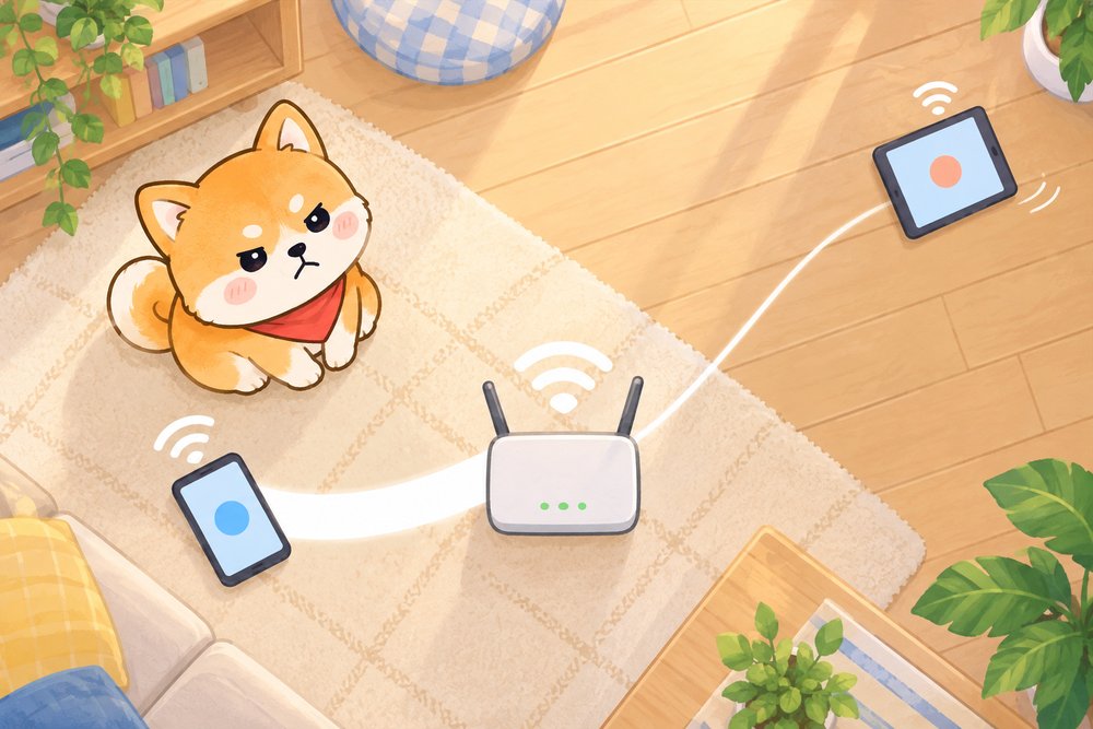 細い電波の道のタブレットを見てがっかりする柴犬のナビ助