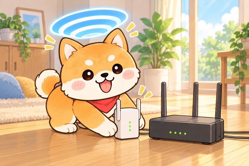 中継機を置いて頭の上に電波の輪っかがのる柴犬のナビ助