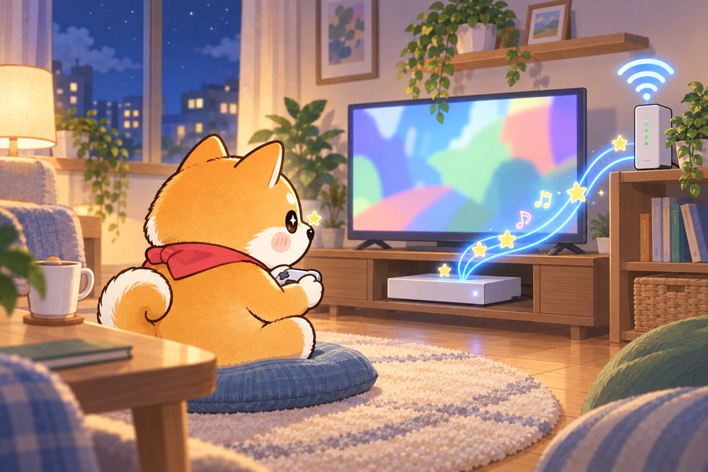 速い電波でオンラインゲームに夢中のナビ助