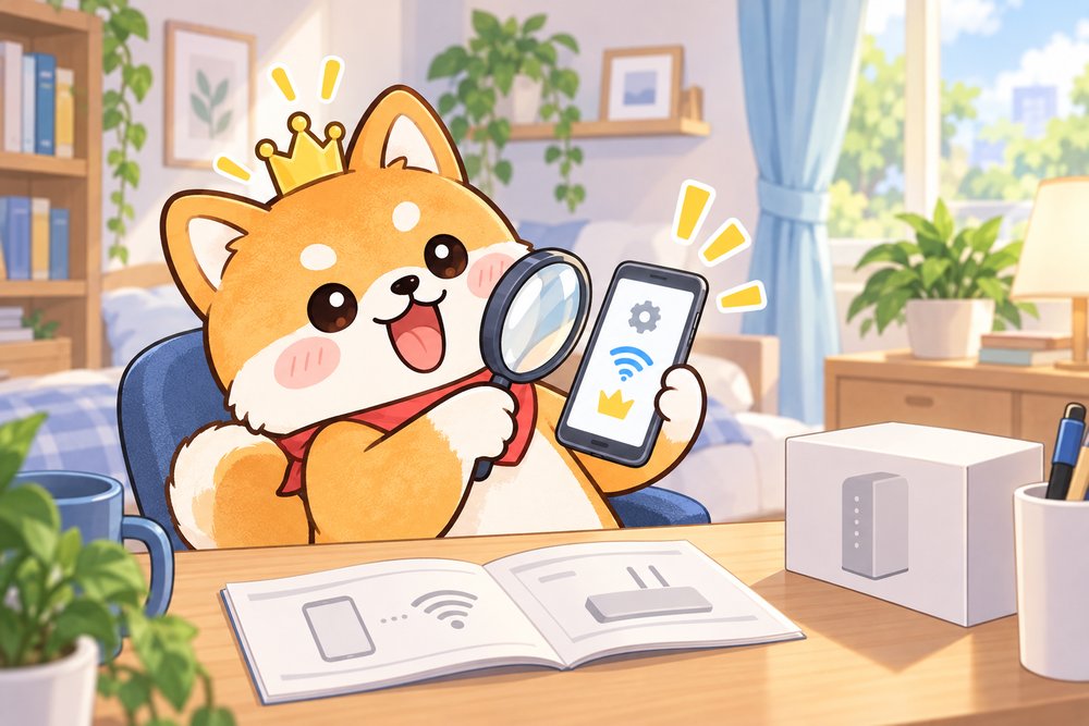 スマホの設定画面で対応を確認できて喜ぶナビ助