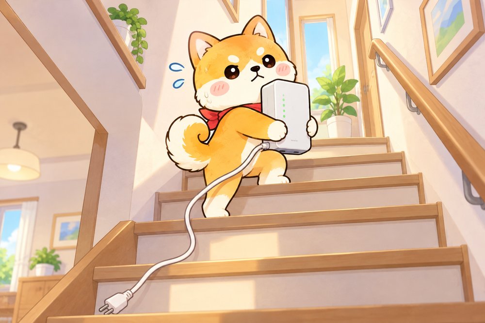 ルーターを2階へ運ぶ柴犬のナビ助