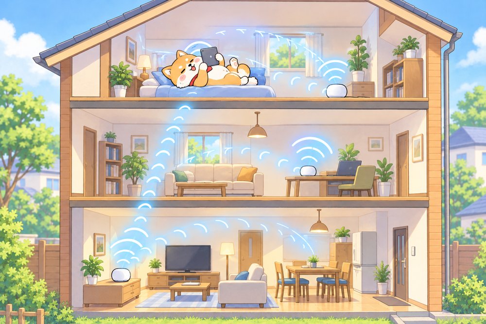 メッシュWiFiで快適にくつろぐ柴犬のナビ助
