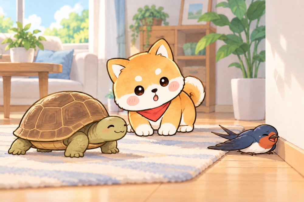 カメとツバメを見くらべて感心する柴犬のナビ助