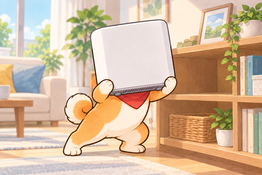 ルーターを見晴らしのよい棚に置き直す柴犬のナビ助