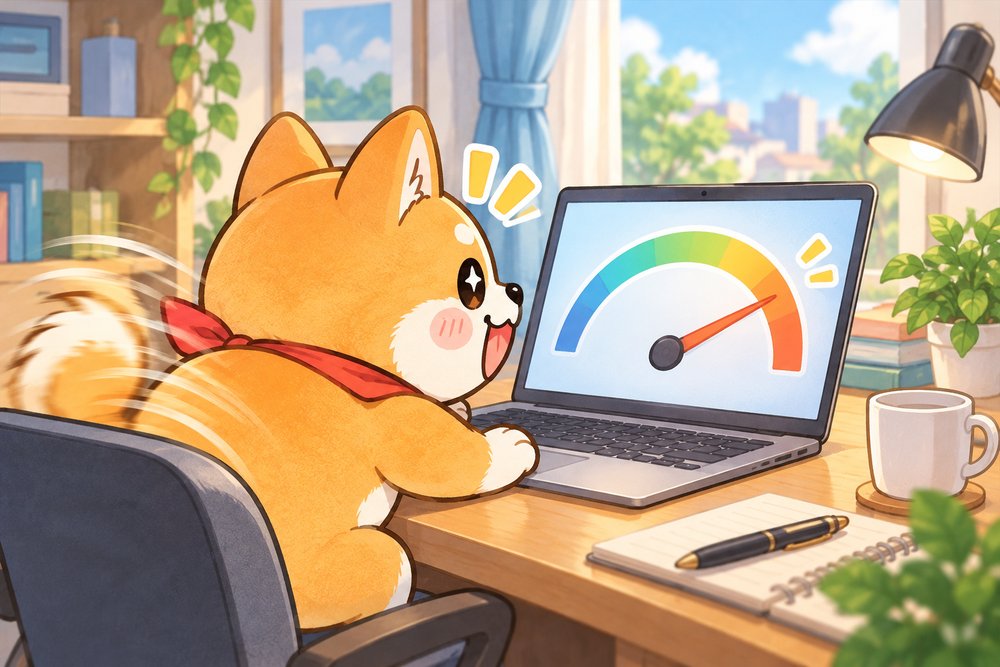 パソコンのスピードメーターの針をわくわく見つめる柴犬のナビ助