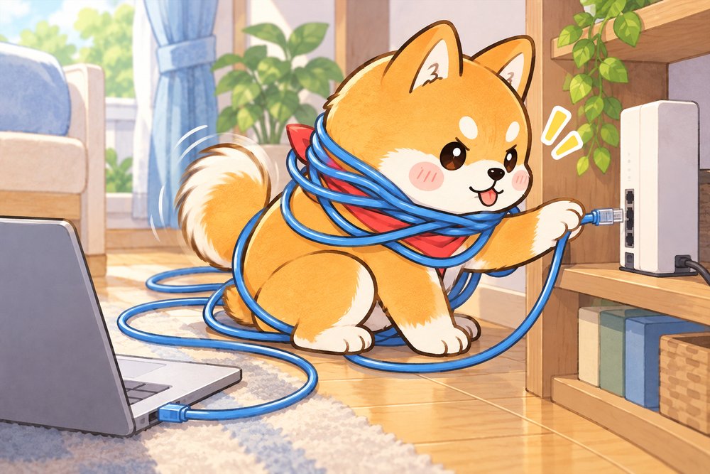 LANケーブルが首に巻きつきながらルーターにつなぐ柴犬のナビ助