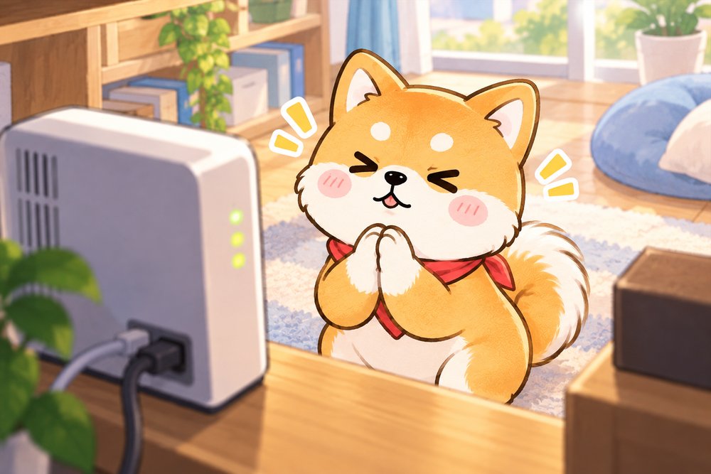 電源を入れ直したルーターにお祈りする柴犬のナビ助