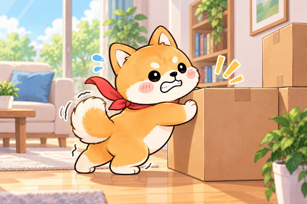 段ボール箱を全力で押して通り道をあける柴犬のナビ助