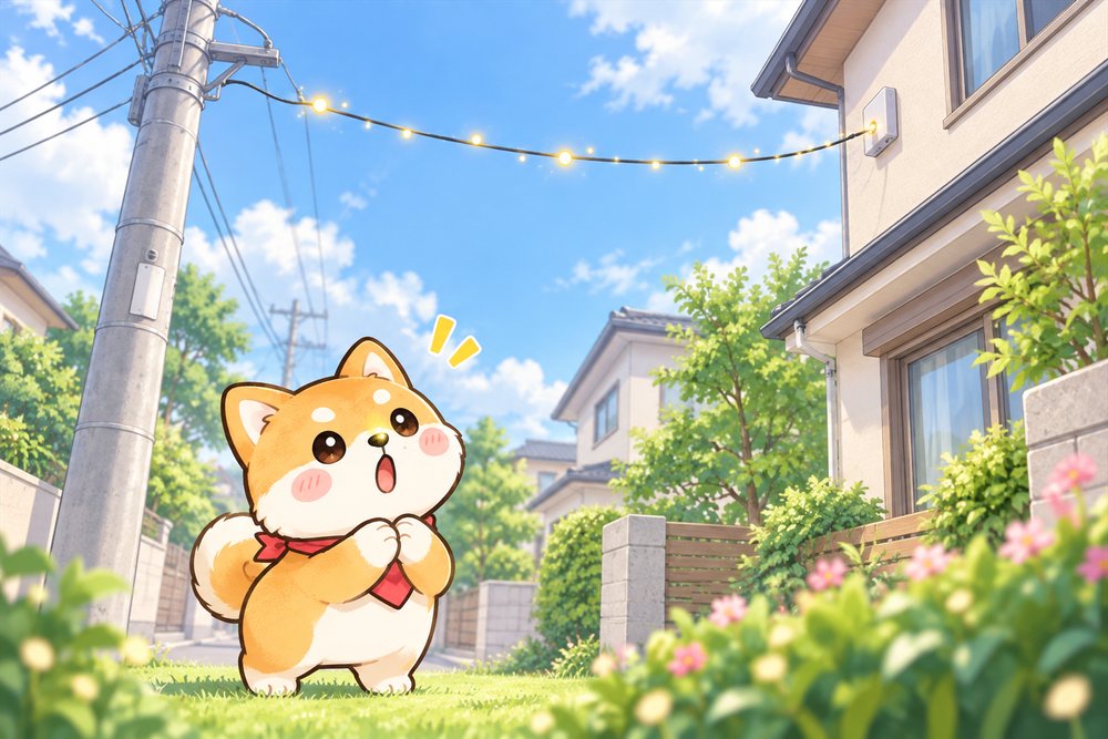電柱から家へ引き込まれた光ファイバーを見上げるナビ助