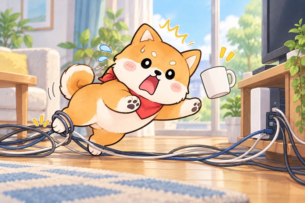 床をはうケーブルに足をひっかけてつんのめる柴犬のナビ助