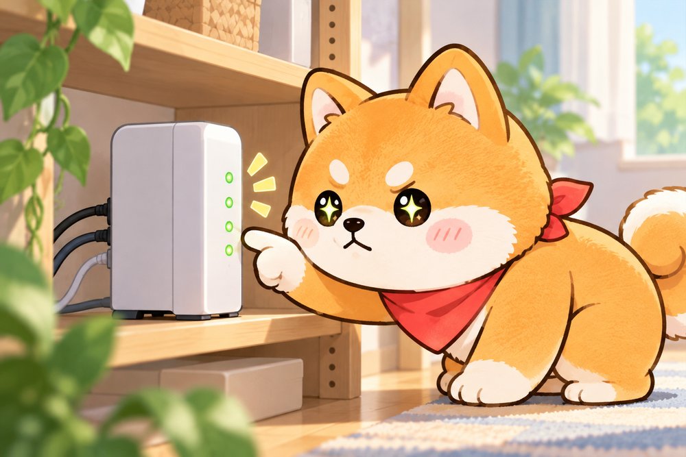 ONUの緑ランプを指さし確認するナビ助