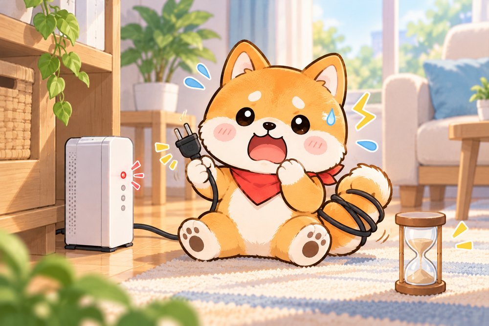 赤く点滅するONUの電源を抜いてあわてるナビ助