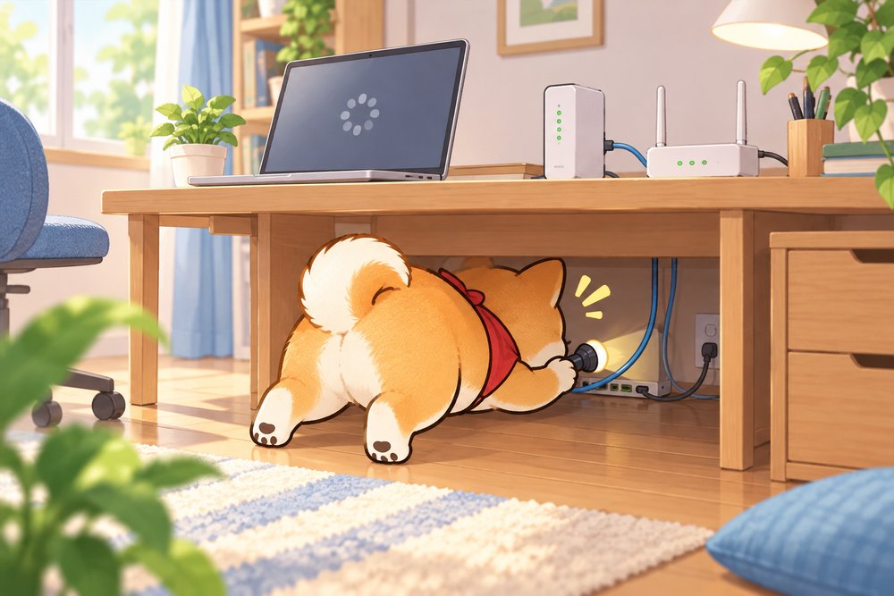 LANケーブルをたどって机の下を照らすナビ助