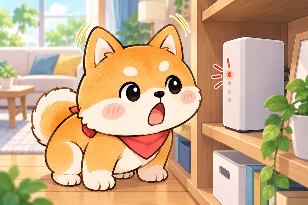 赤く点滅するランプに驚く柴犬のナビ助