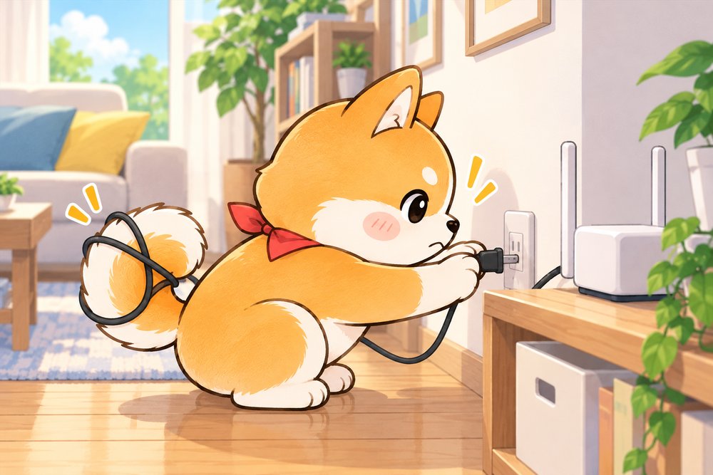 ルーターの電源を抜いて再起動する柴犬のナビ助