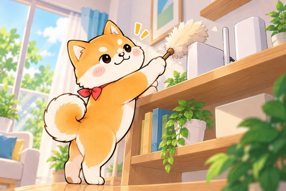 ルーターのほこりを払う柴犬のナビ助