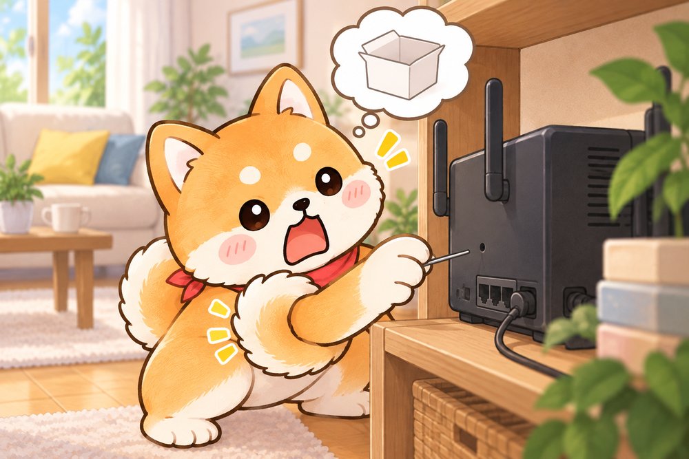 ルーターのリセット穴にピンを差しかけて止まるナビ助