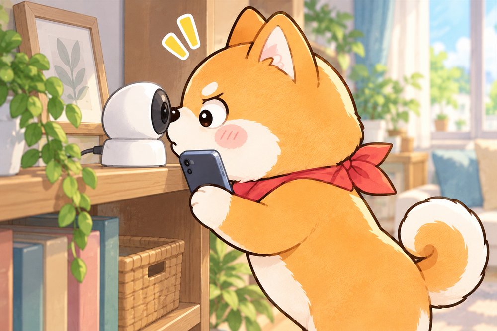 見守りカメラとにらめっこしながら設定する柴犬のナビ助