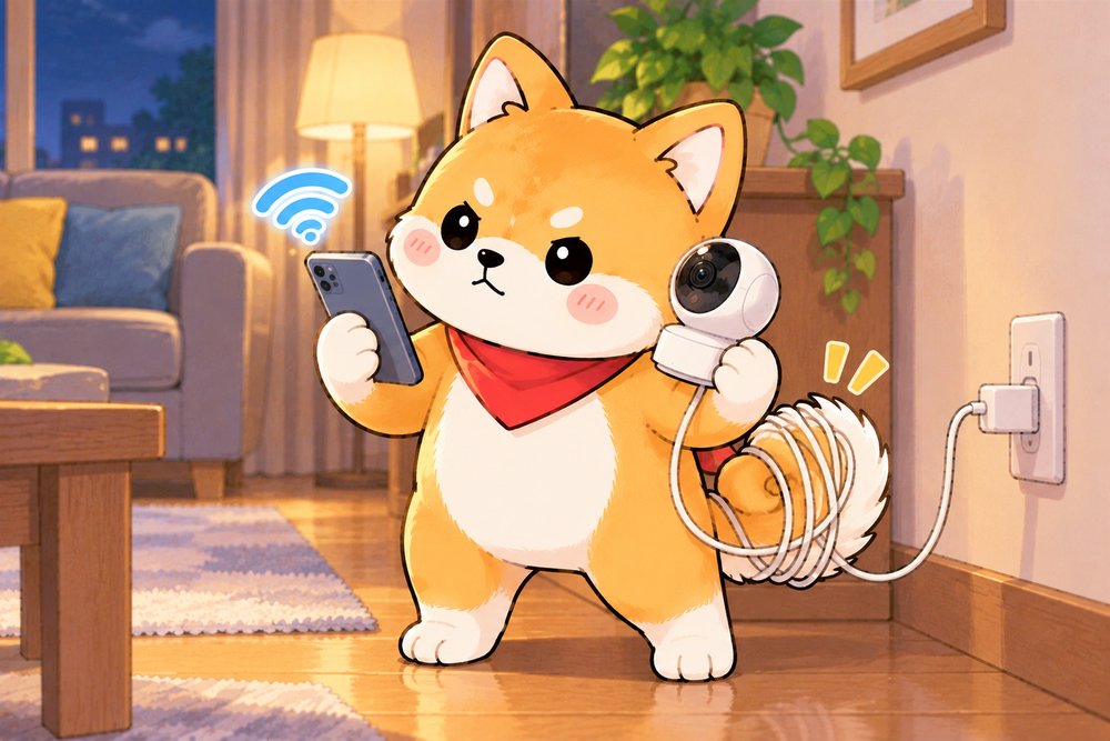 電源コードがしっぽに巻きついたまま接続設定する柴犬のナビ助