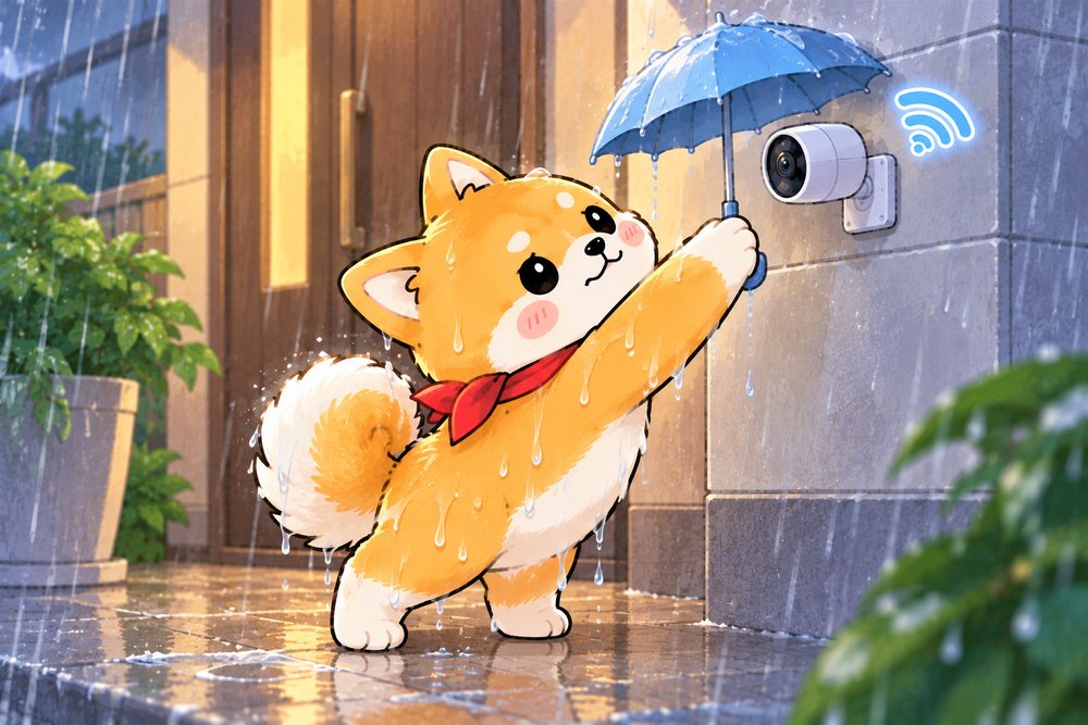 雨の中で防犯カメラに傘をさしかける柴犬のナビ助
