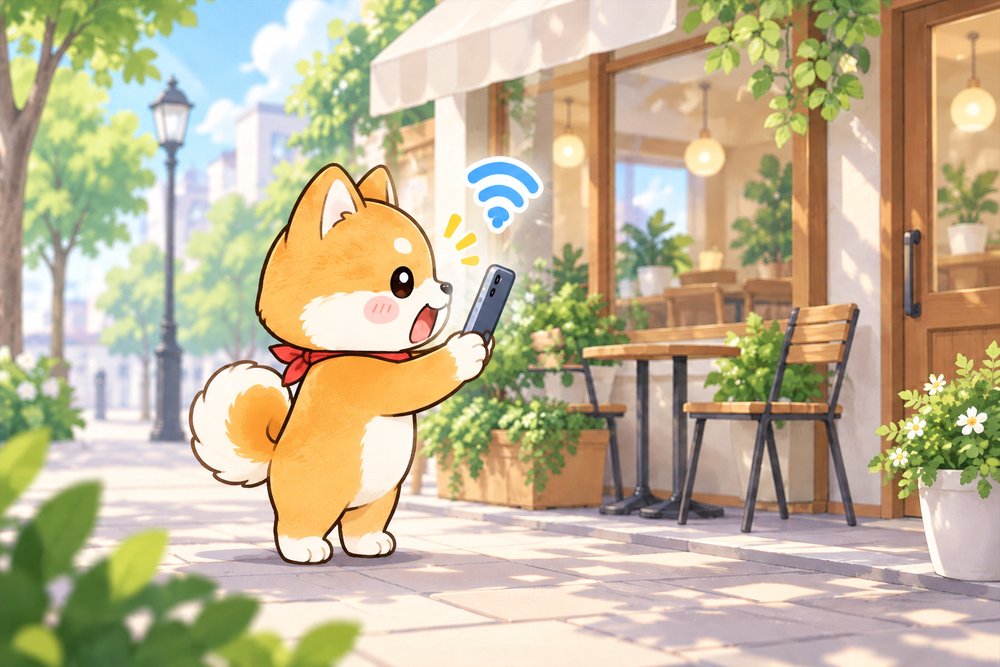 カフェの前で勝手にWiFiにつながって驚く柴犬のナビ助