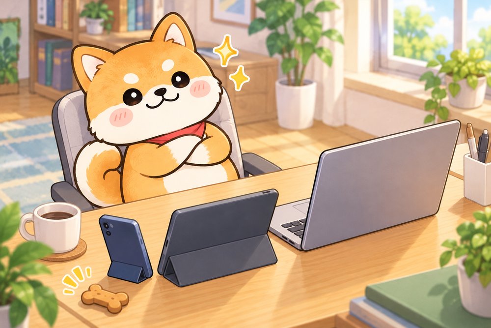機器のつながる先を整理し終えた柴犬のナビ助
