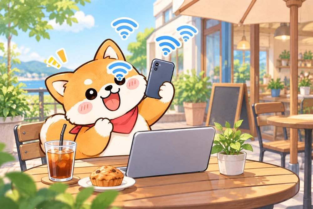 テラス席でWiFiの電波マークに囲まれて喜ぶ柴犬のナビ助