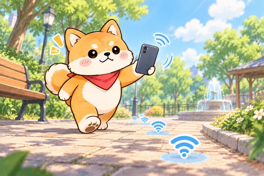 スマホを探知機のように掲げて歩く柴犬のナビ助